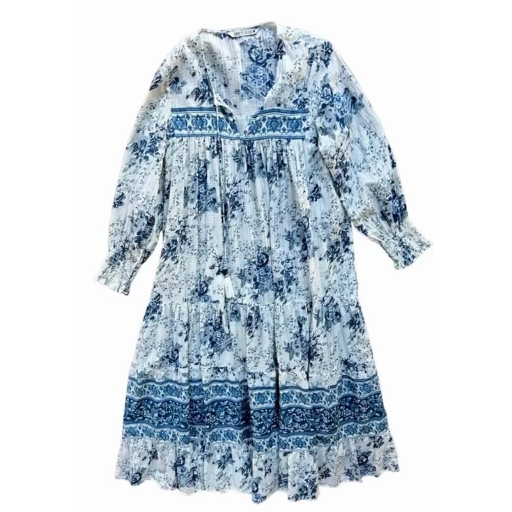 Zara Print Dress Blue/White V-Neck Long Sleeve Maxi Size M - Picture 2 of 8